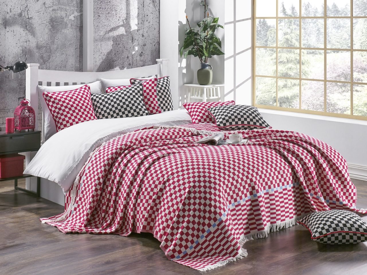 %100 Pamuklu Jakarlı Dama Desenli Kırmızı Çift Kişilik Pike