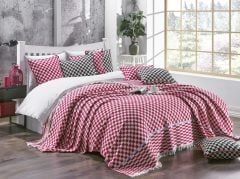 %100 Pamuklu Jakarlı Dama Desenli Kırmızı Çift Kişilik Pike