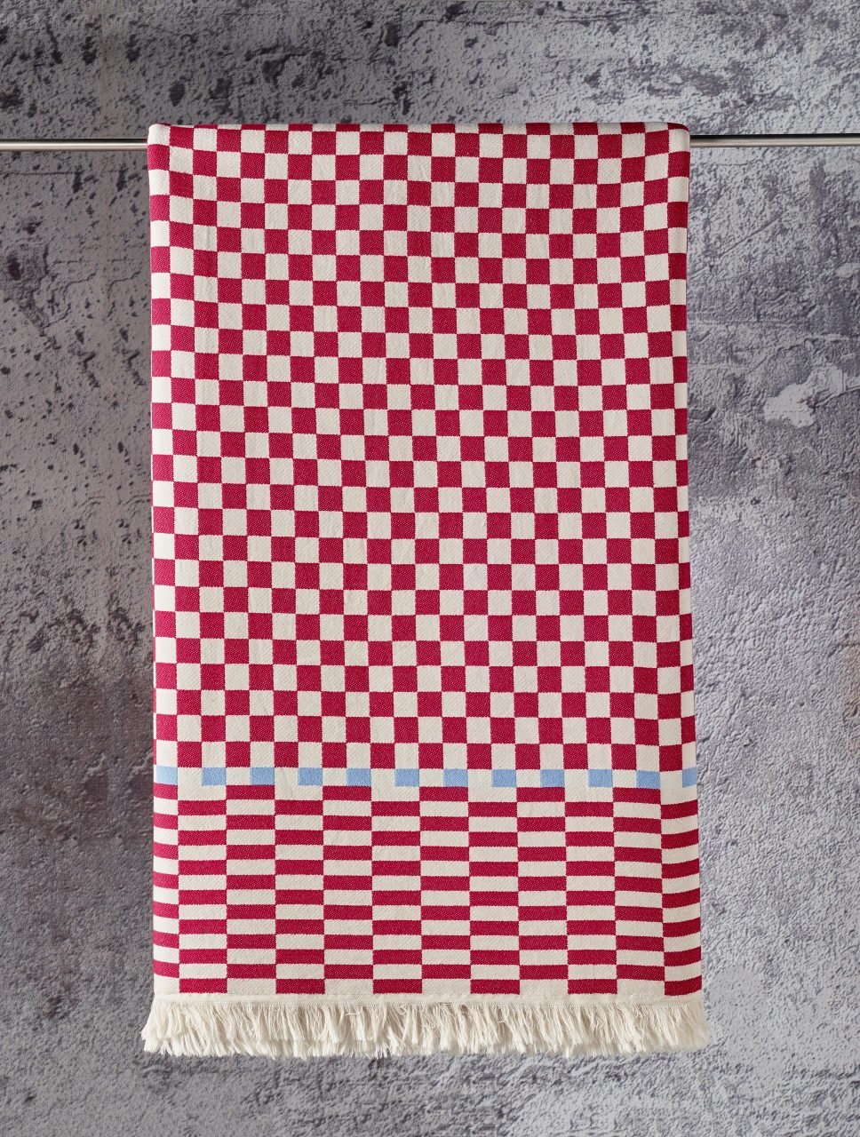 %100 Pamuklu Jakarlı Dama Desenli Kırmızı Şal