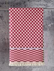 %100 Pamuklu Jakarlı Dama Desenli Kırmızı Şal