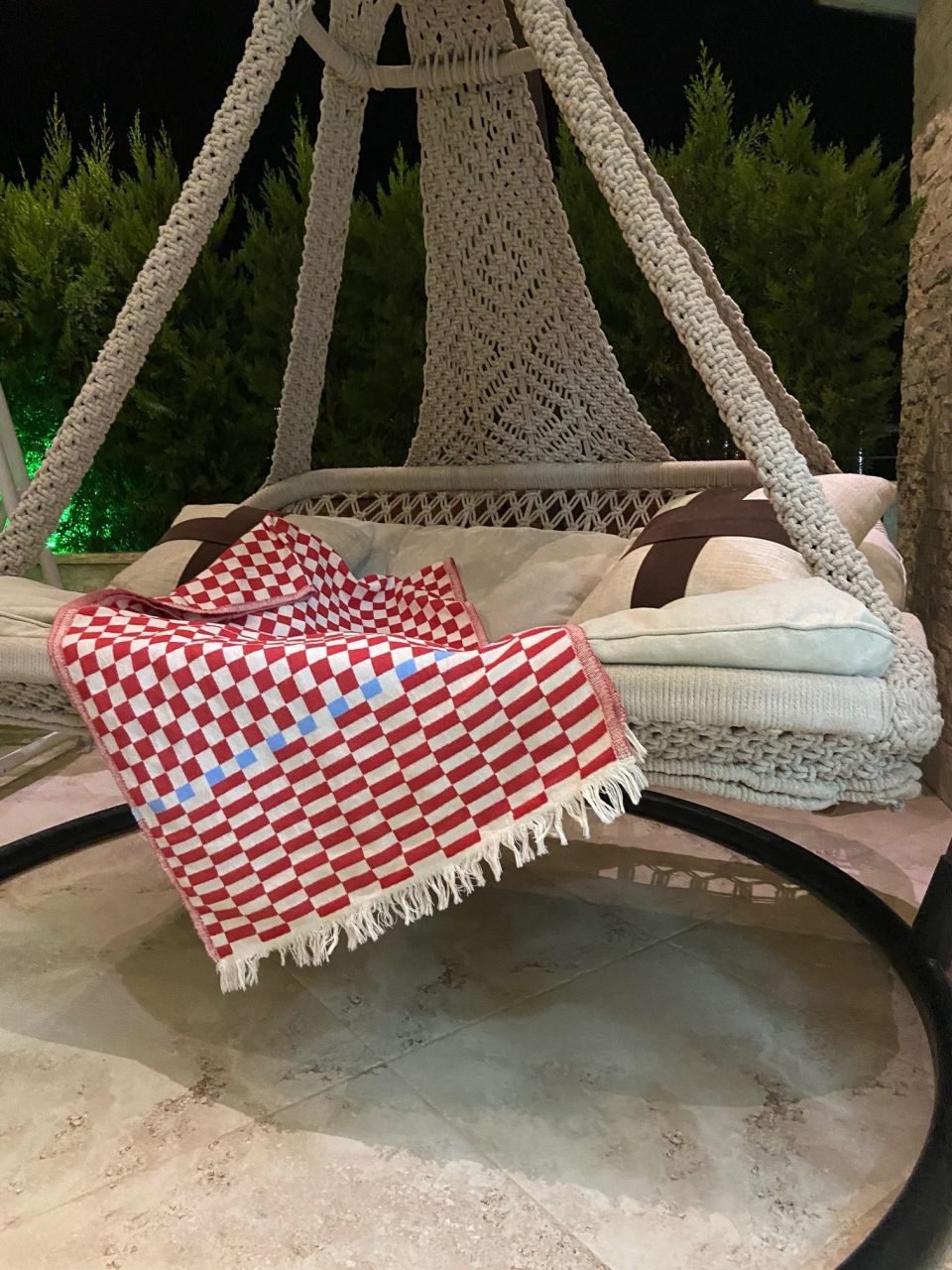 %100 Pamuklu Jakarlı Dama Desenli Kırmızı Şal