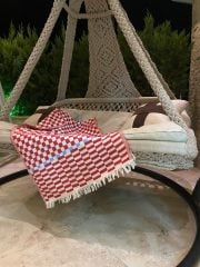 %100 Pamuklu Jakarlı Dama Desenli Kırmızı Şal