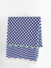 %100 Pamuklu Jakarlı Dama Desenli Mavi Çift Kişilik Pike