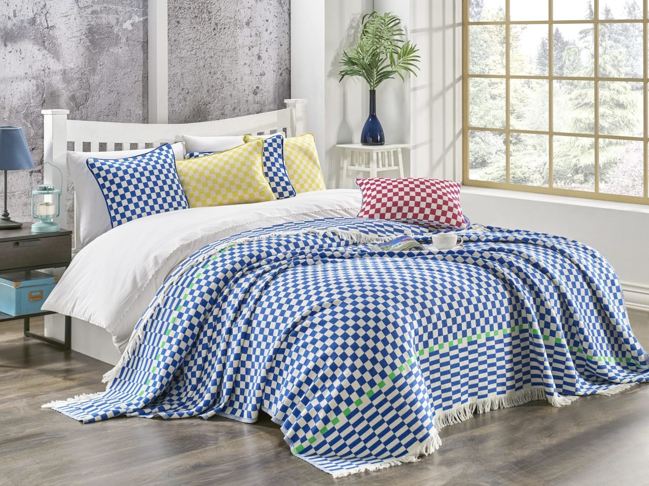 %100 Pamuklu Jakarlı Dama Desenli Mavi Çift Kişilik Pike