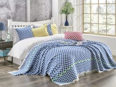 %100 Pamuklu Jakarlı Dama Desenli Mavi Çift Kişilik Pike