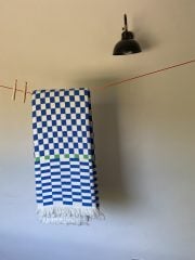 %100 Pamuklu Jakarlı Dama Desenli Mavi Çift Kişilik Pike