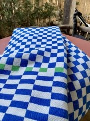 %100 Pamuklu Jakarlı Dama Desenli Mavi Çift Kişilik Pike