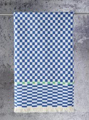 %100 Pamuklu Jakarlı Dama Desenli Mavi Şal