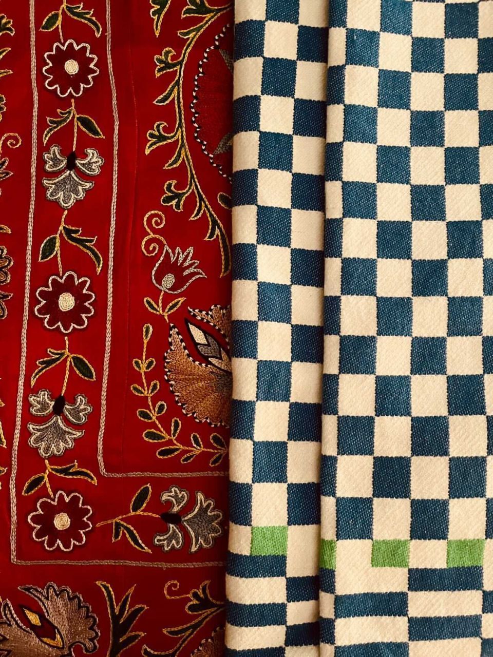 %100 Pamuklu Jakarlı Dama Desenli Mavi Şal