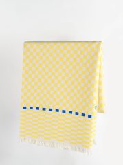 %100 Pamuklu Jakarlı Dama Desenli Sarı Çift Kişilik Pike