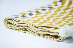 %100 Pamuklu Jakarlı Dama Desenli Sarı Şal