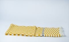 %100 Pamuklu Jakarlı Dama Desenli Sarı Şal