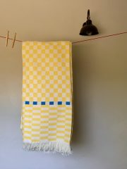 %100 Pamuklu Jakarlı Dama Desenli Sarı Tek Kişilik Pike