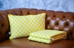 %100 Pamuklu Jakarlı Dama Desenli Sarı Tek Kişilik Pike