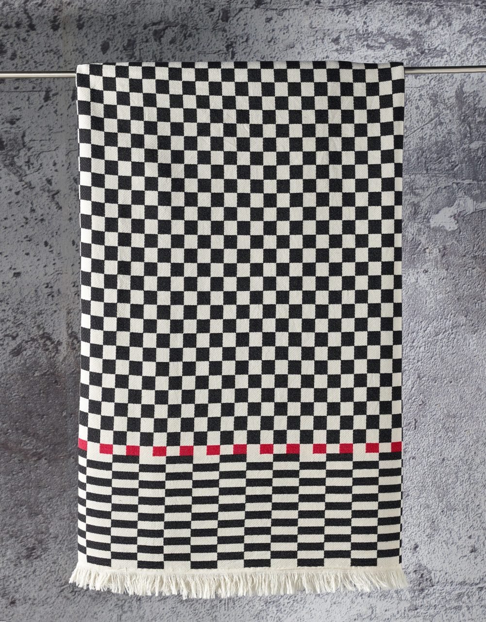 %100 Pamuklu Jakarlı Dama Desenli Siyah Şal