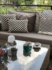 %100 Pamuklu Jakarlı Dama Desenli Siyah Şal