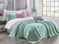 %100 Pamuklu Jakarlı Dama Desenli Yeşil Çift Kişilik Pike