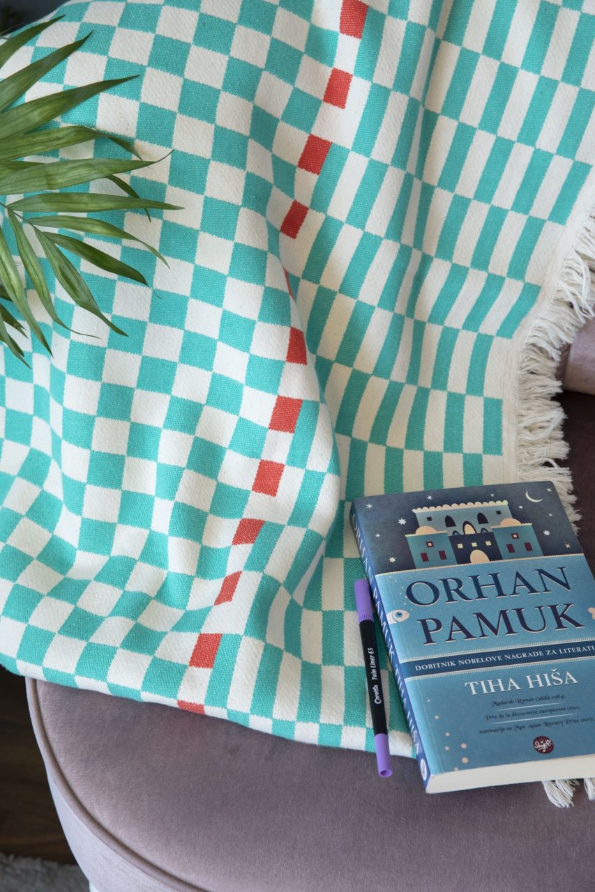 %100 Pamuklu Jakarlı Dama Desenli Yeşil Şal