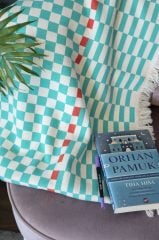 %100 Pamuklu Jakarlı Dama Desenli Yeşil Şal