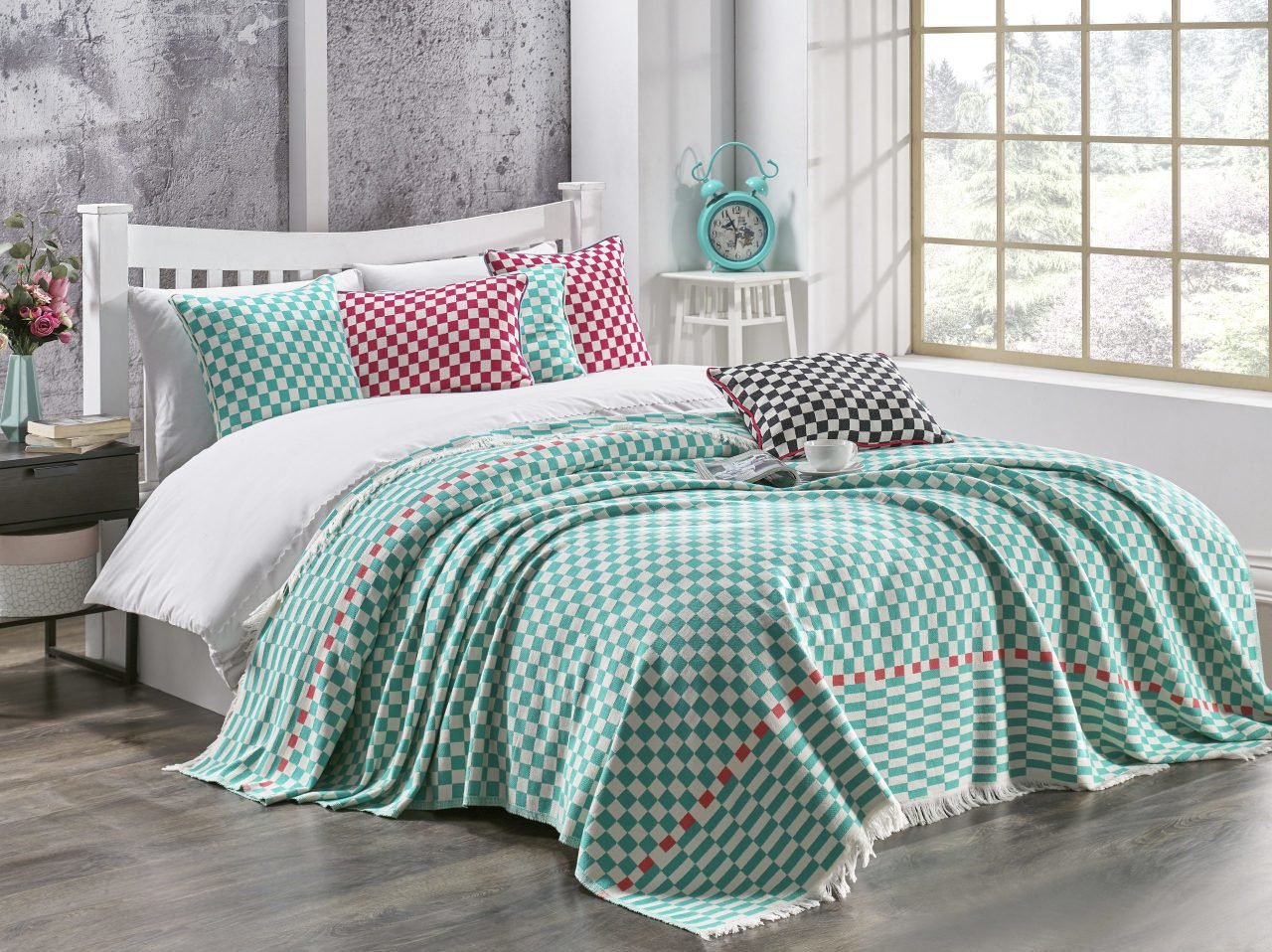 %100 Pamuklu Jakarlı Dama Desenli Yeşil Tek Kişilik Pike