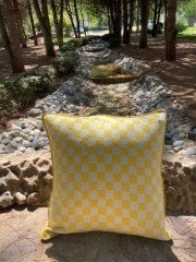 %100 Pamuklu Sarı Dama Desenli Kırlent Kılıfı