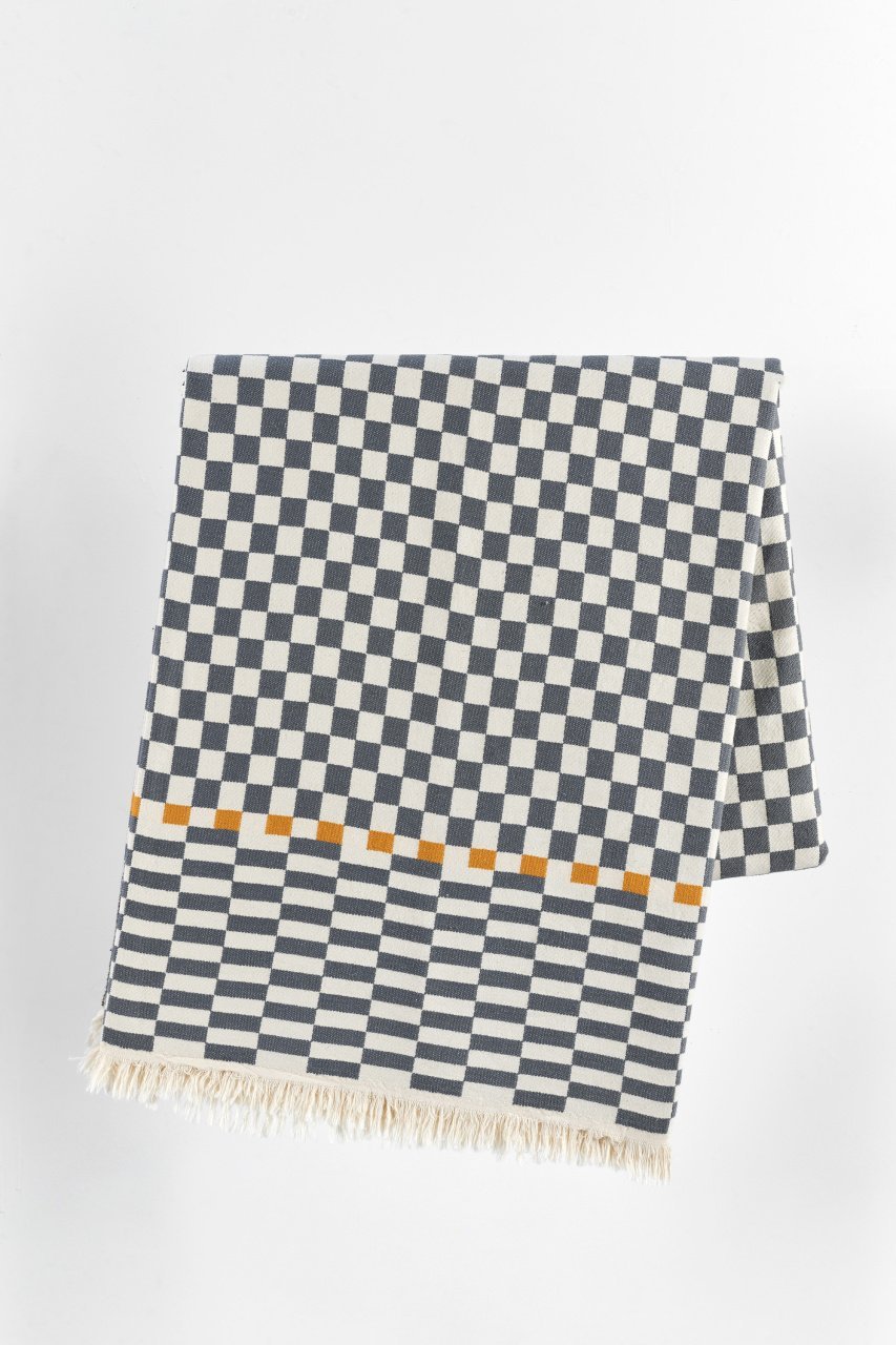 %100 Pamuklu Jakarlı Dama Desenli Gri Çift Kişilik Pike