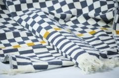 %100 Pamuklu Jakarlı Dama Desenli Gri Çift Kişilik Pike