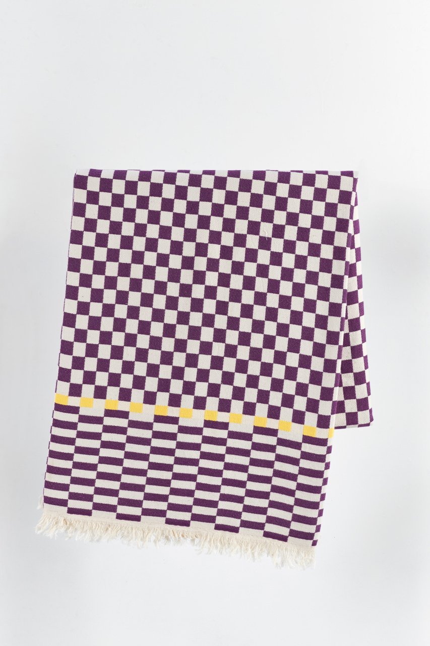 %100 Pamuklu Jakarlı Dama Desenli Mor Çift Kişilik Pike