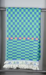 %100 Pamuklu Jakarlı Dama Desenli Yeşil-Lacivert Çift Kişilik Pike