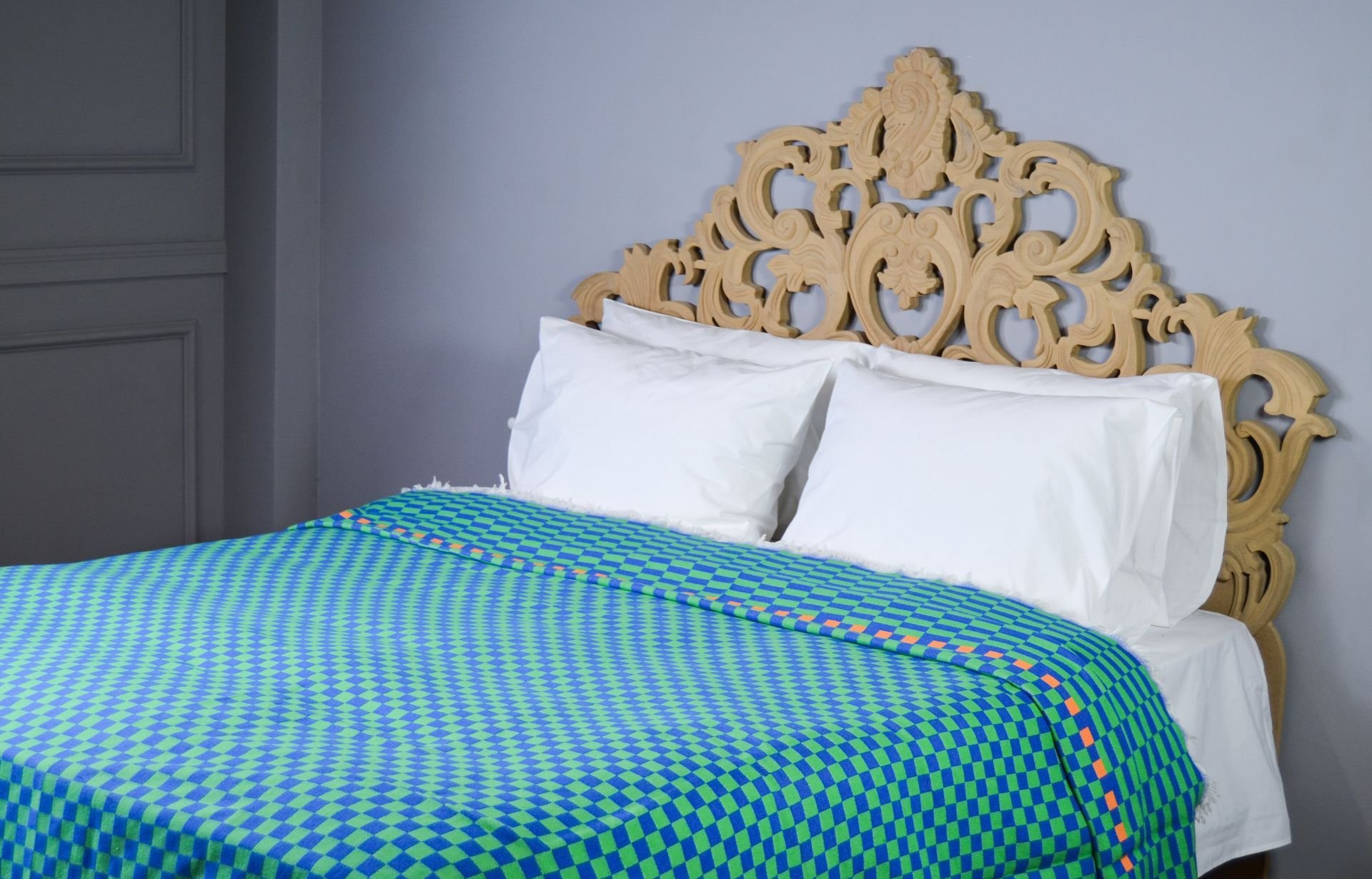 %100 Pamuklu Jakarlı Dama Desenli Yeşil-Lacivert Çift Kişilik Pike