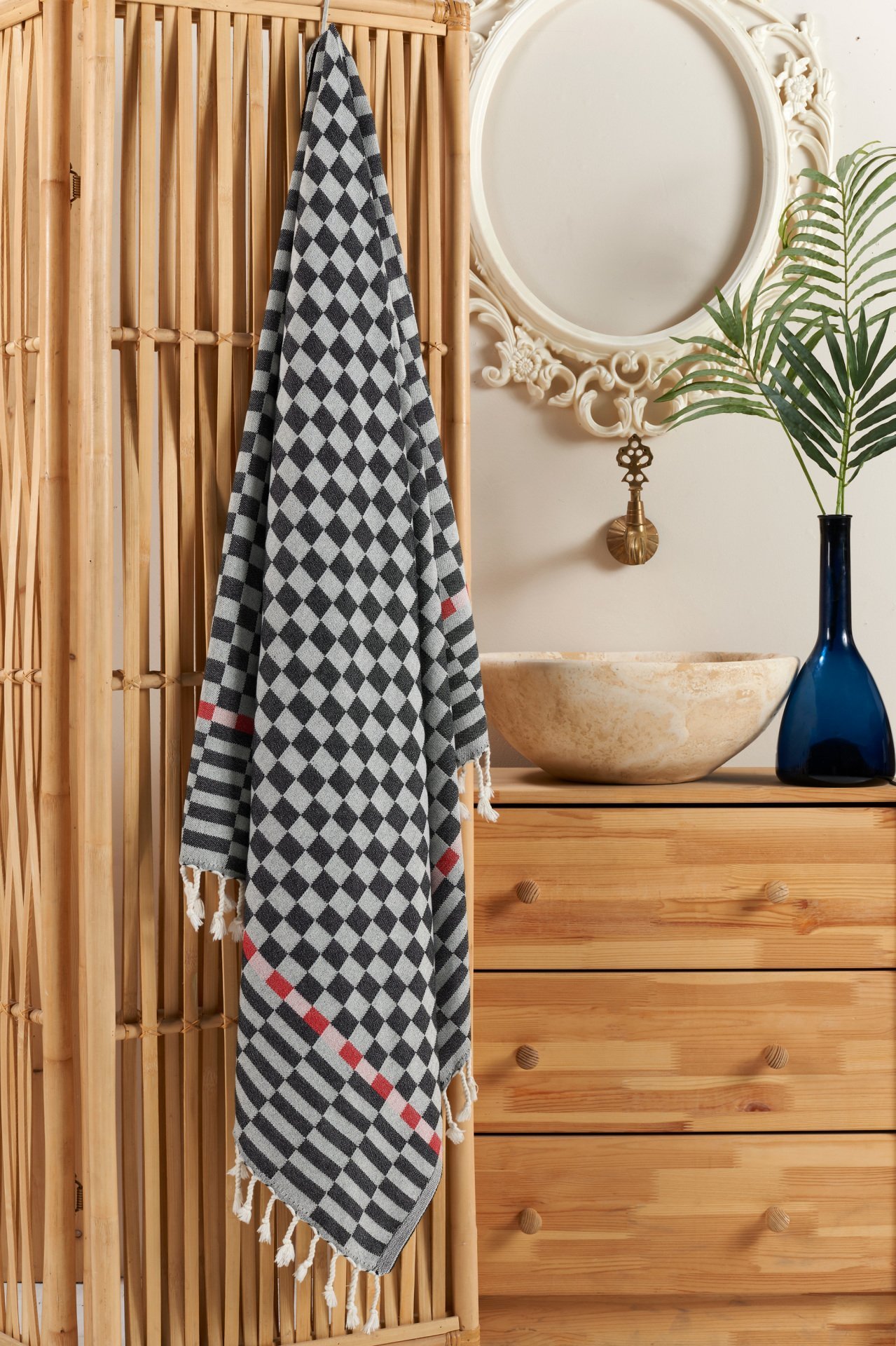 %100 Pamuklu Jakarlı Dama Desenli Siyah Peştamal 95x160 cm