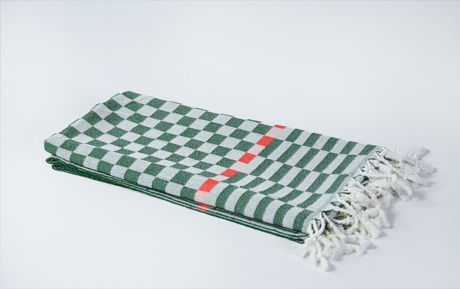 %100 Pamuklu Jakarlı Dama Desenli Haki Peştamal 95x160cm