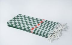 %100 Pamuklu Jakarlı Dama Desenli Haki Peştamal 95x160cm