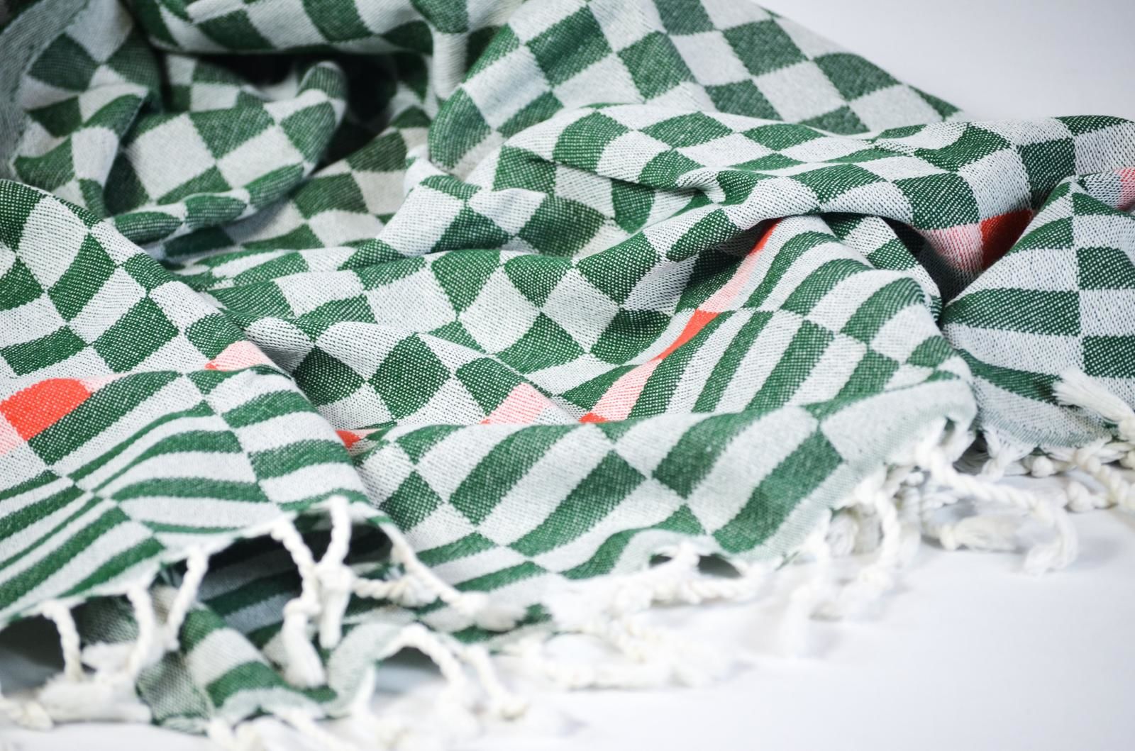 %100 Pamuklu Jakarlı Dama Desenli Haki Peştamal 95x160cm