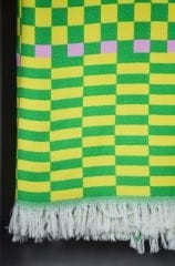 %100 Pamuklu Jakarlı Dama Desenli SARI YEŞİL Çift Kişilik Pike