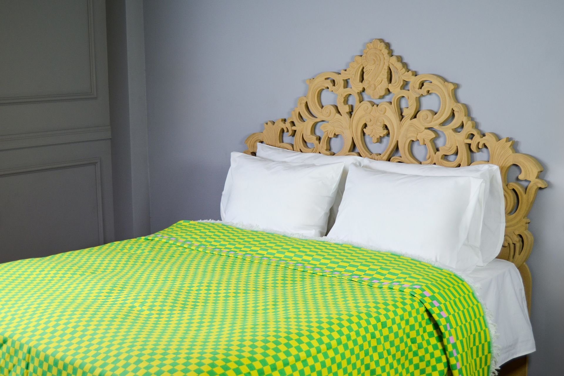 %100 Pamuklu Jakarlı Dama Desenli SARI YEŞİL Çift Kişilik Pike