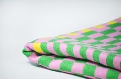 %100 Pamuklu Jakarlı Dama Desenli Yeşil-Pembe Şal