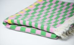 %100 Pamuklu Jakarlı Dama Desenli Yeşil-Pembe Şal