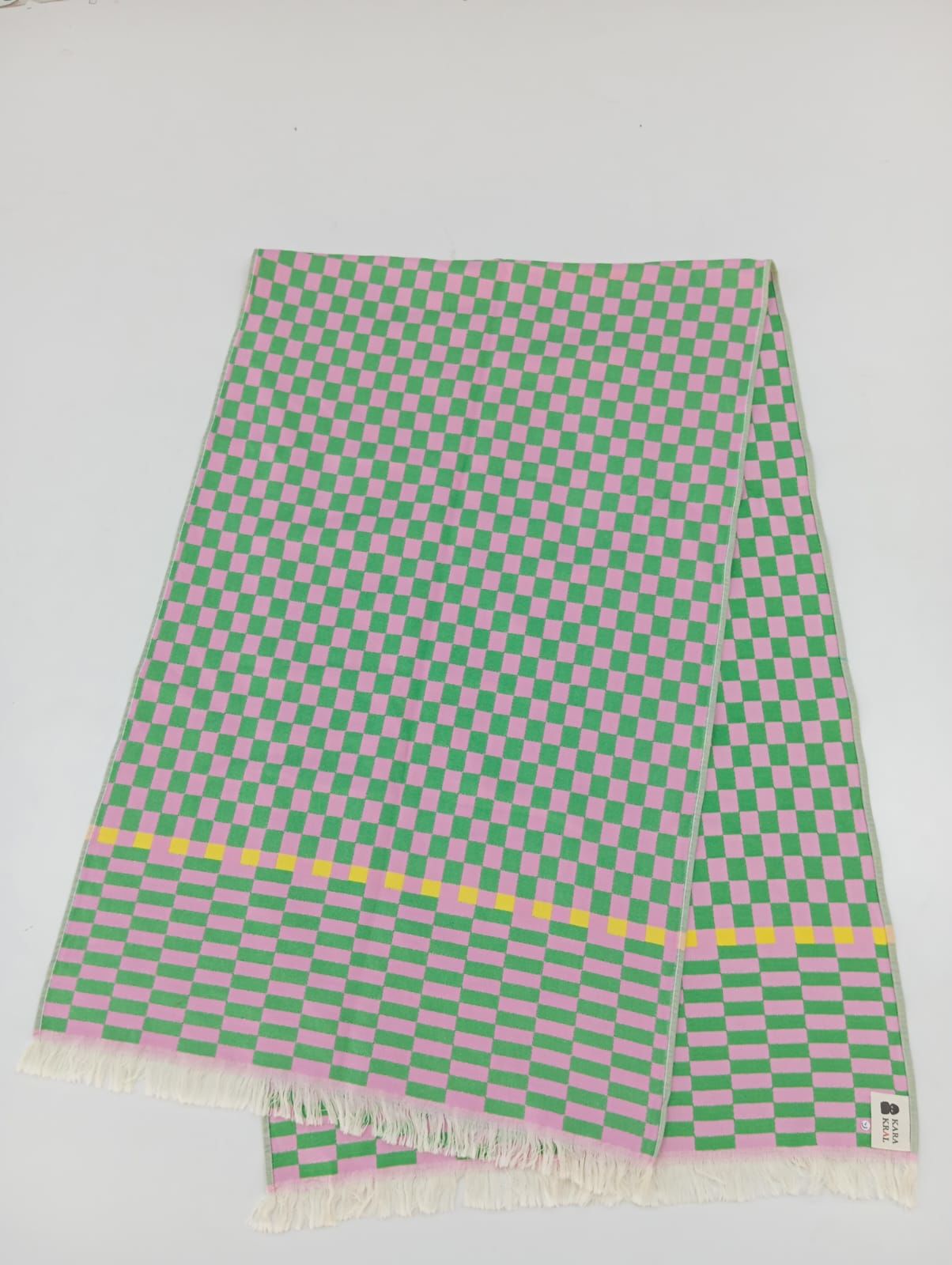 %100 Pamuklu Jakarlı Dama Desenli Yeşil-Pembe Şal