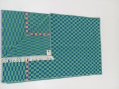 %100 Pamuklu Jakarlı Dama Desenli Yeşil - Lacivert Şal