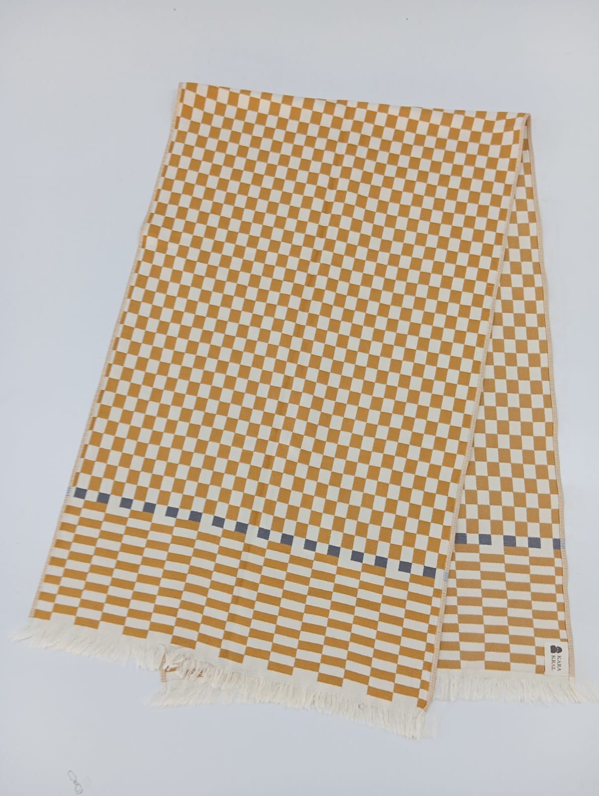 %100 Pamuklu Jakarlı Dama Desenli Hardal Şal