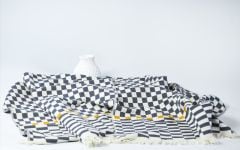 %100 Pamuklu Jakarlı Dama Desenli  Gri Şal