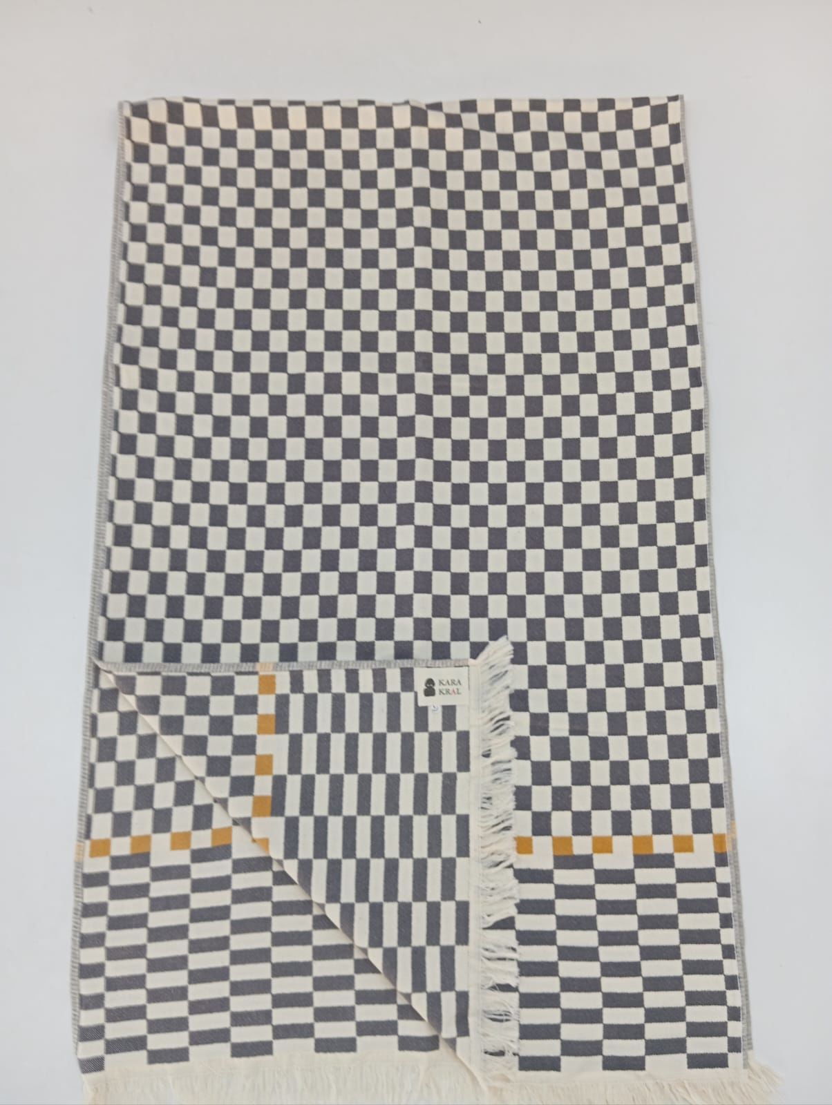 %100 Pamuklu Jakarlı Dama Desenli  Gri Şal