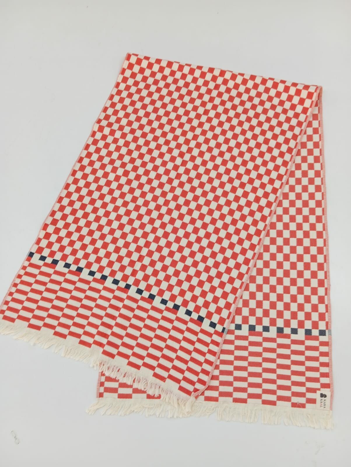 %100 Pamuklu Jakarlı Dama Desenli Kiremit Şal