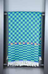 %100 Pamuklu Jakarlı Dama Desenli Yeşil- Lacivert Tek Kişilik Pike