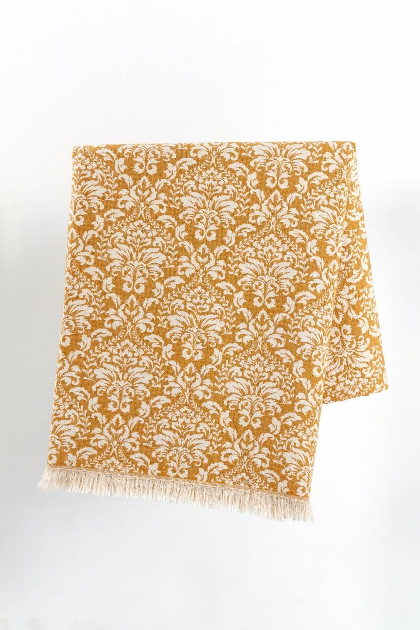 %100 Pamuklu Jakarlı ŞAL DESENLİ Hardal Tek Kişilik Pike