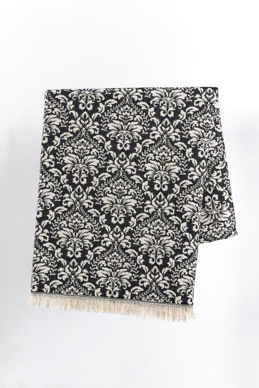 %100 Pamuklu Jakarlı ŞAL DESENLİ SİYAH Tek Kişilik Pike