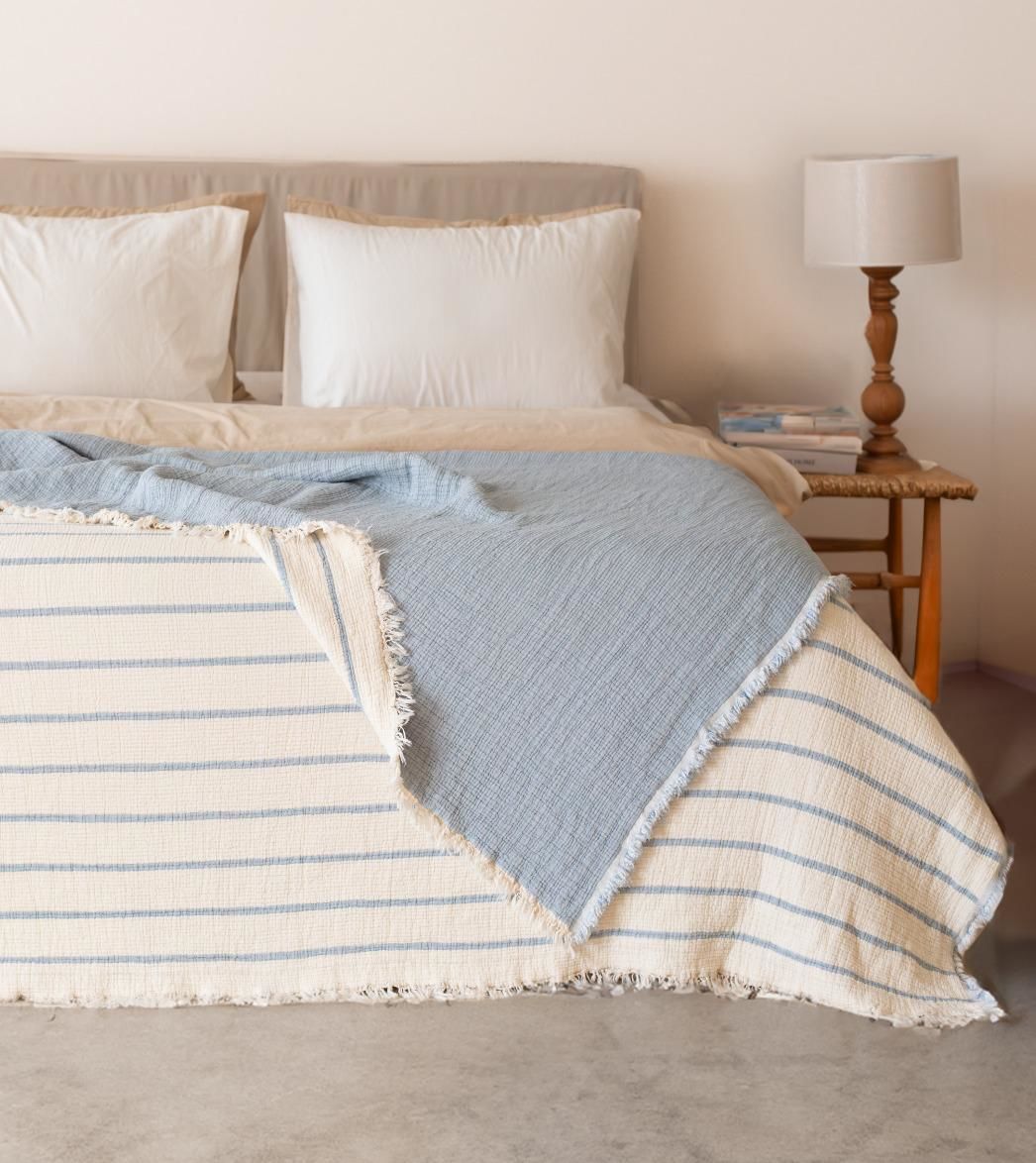 ELYAF DOLGULU MÜSLİN YATAK ÖRTÜSÜ ÇİFT KİŞİLİK  MAVİ