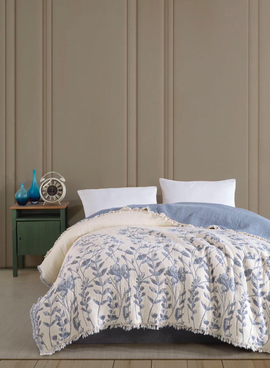 JAKARLI ELYAF DOLGULU MÜSLİN YATAK ÖRTÜSÜ ÇİFT KİŞİLİK  MAVİ