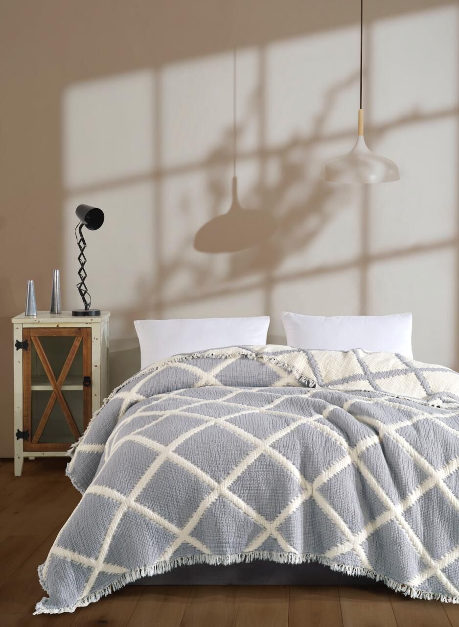 JAKARLI ELYAF DOLGULU MÜSLİN YATAK ÖRTÜSÜ ÇİFT KİŞİLİK  GRİ